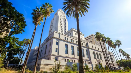 Low angle shot of Los Angeles City Hall Press