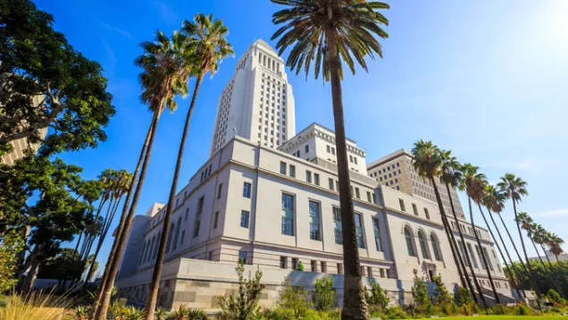 Low angle shot of Los Angeles City Hall Press
